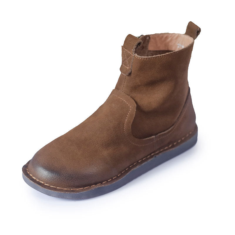 Retro Cowhide Boots Women Comfy Zip Walking Boots Brown/Coffee