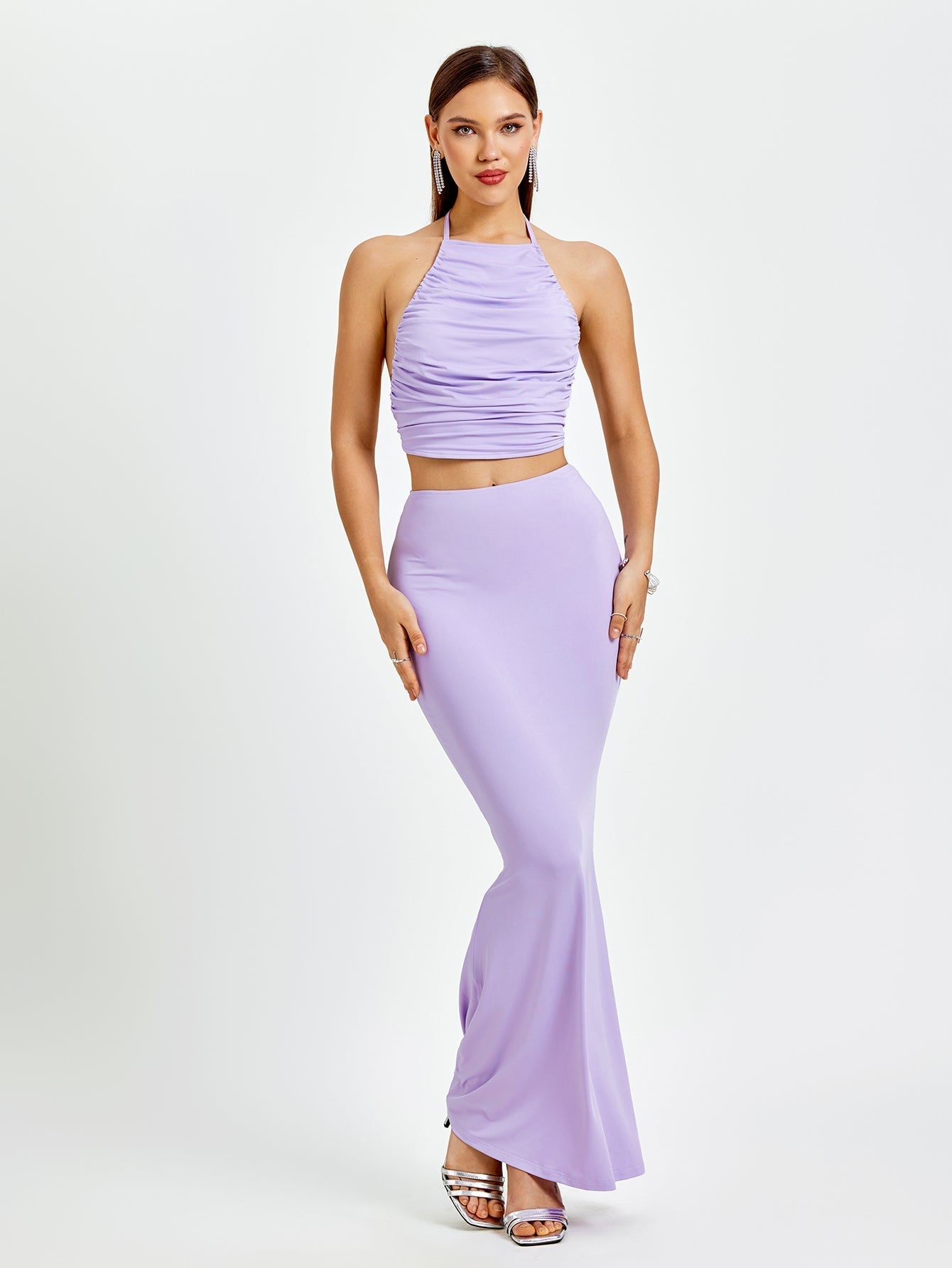 Halter Ruched Tie Back Top&Mermaid Bodycon Skirt