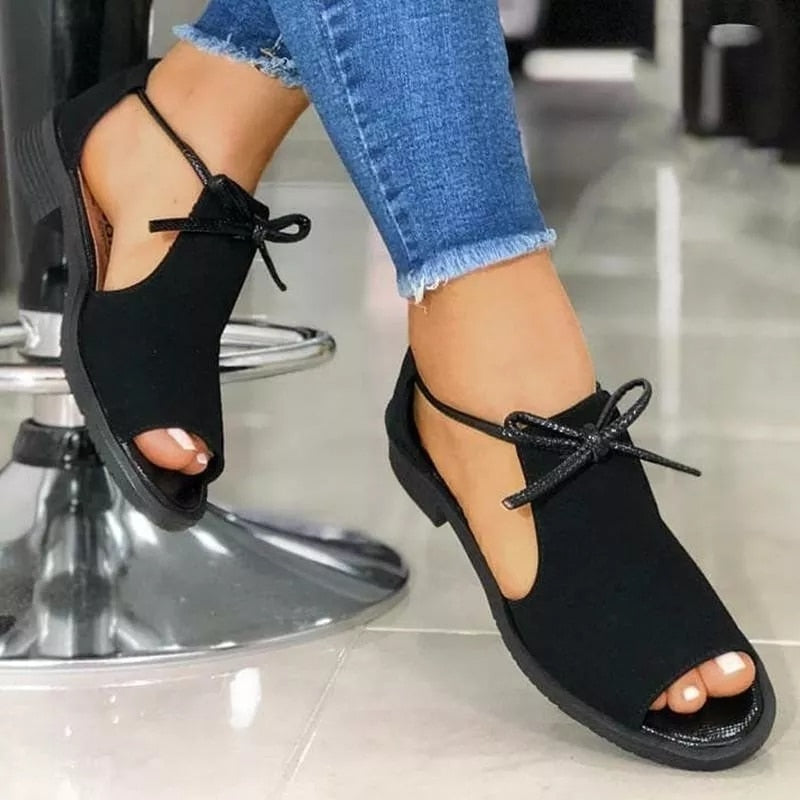 Solid Color Bow Tie Flat-heel Sandals