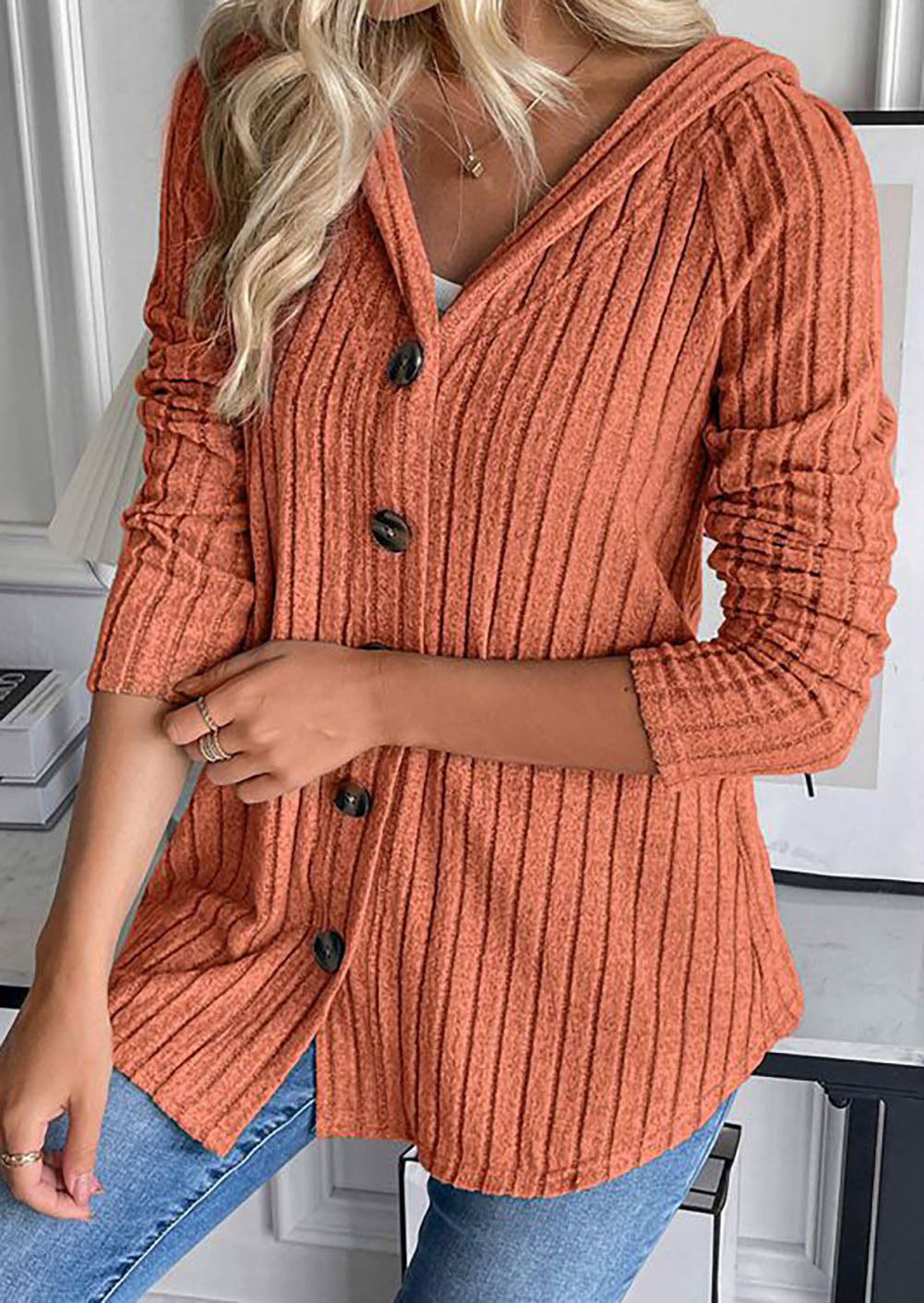 Solid color button hooded knit sweatshirt