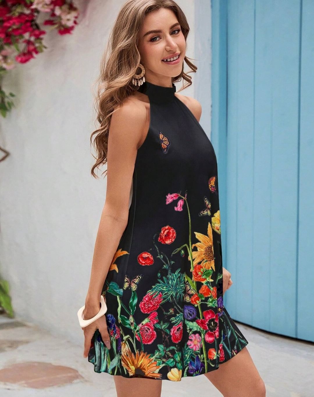 Women's Choker Cutout V-Neck Eagle Printed Short Sleeve Mini T-Shirt Dress
