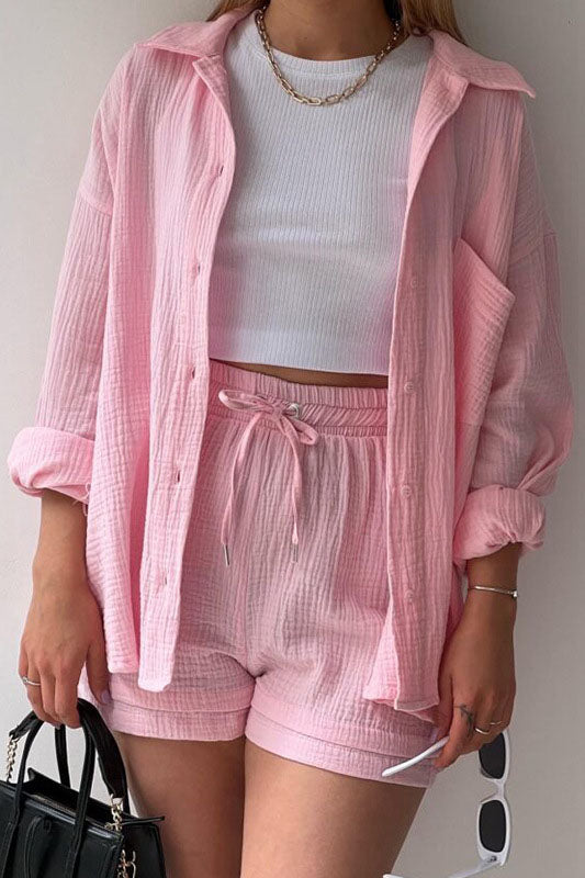 Solid Color Mock Neck Top and High-Waist Shorts Set