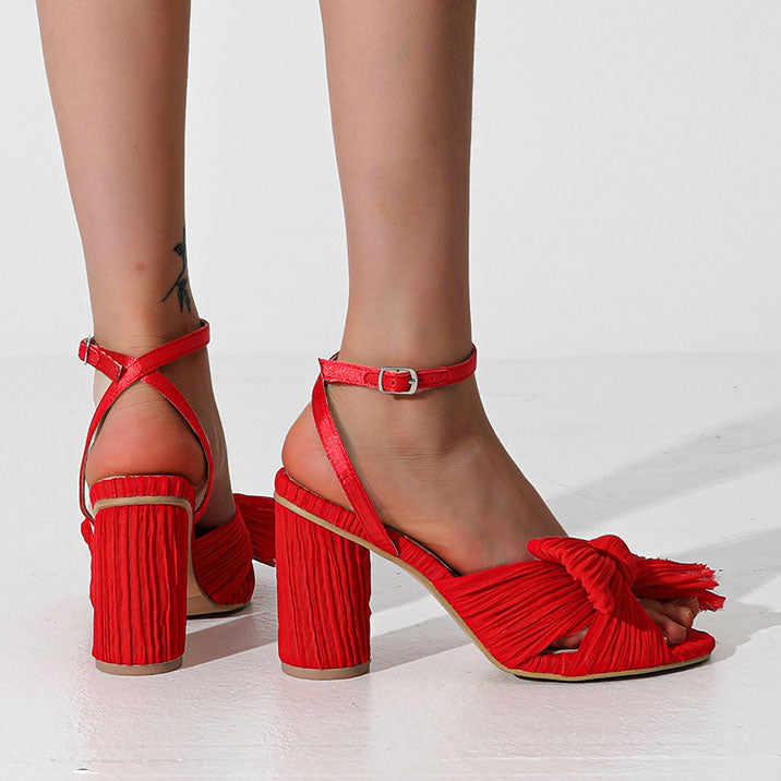 Flannel Lace Chunky Heel Bow Tie Sandals
