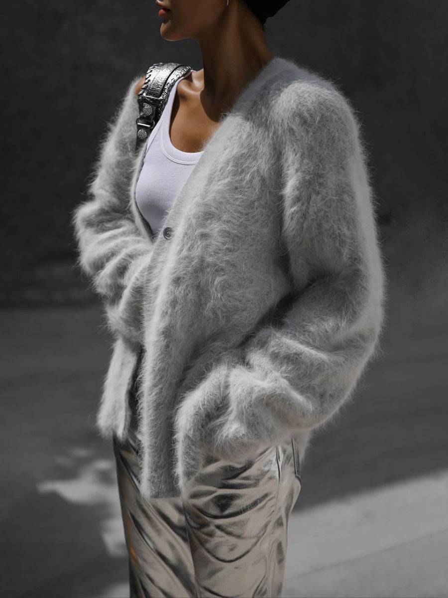 Plush Loose Long Sleeve V-neck Buttoned Cardigan