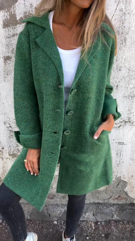 Solid color lapel pocket single breasted mid-length coat