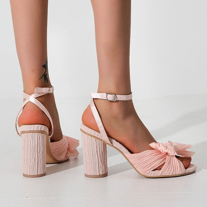 Flannel Lace Chunky Heel Bow Tie Sandals