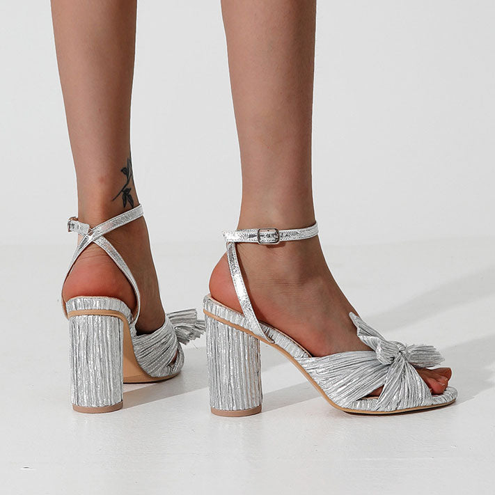 Flannel Lace Chunky Heel Bow Tie Sandals