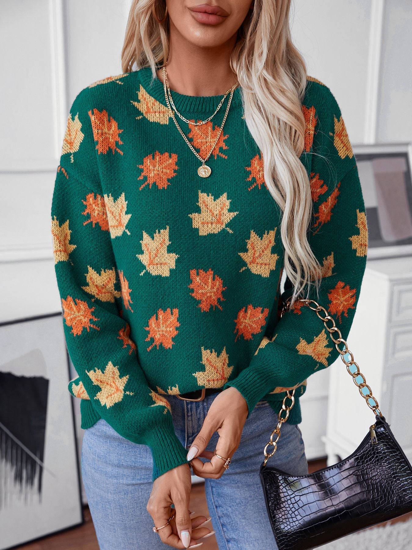 Maple Leaf Jacquard Casual Pullover Sweater