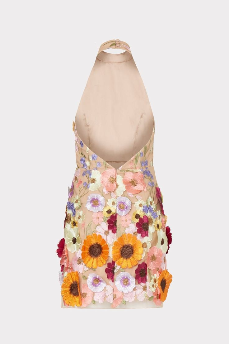 Three-dimensional embroidered halterneck backless mini dress
