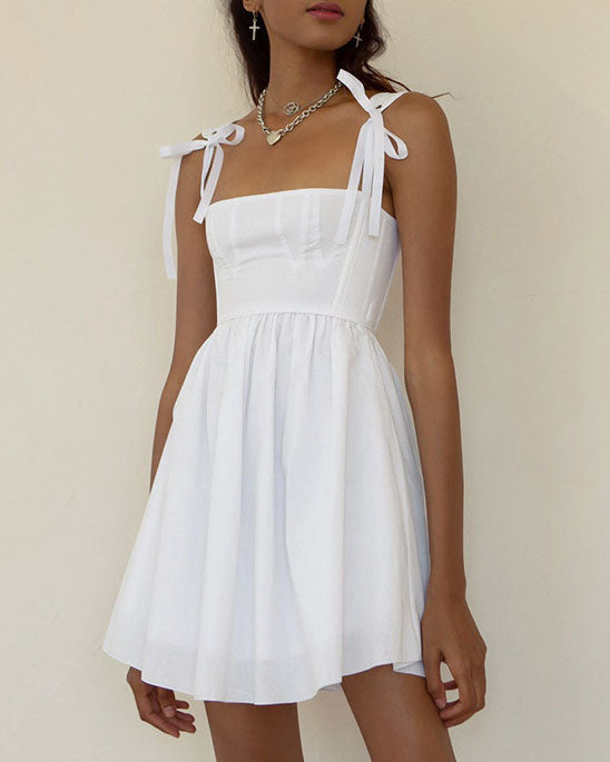 Solid color shoulder strap suspender dress
