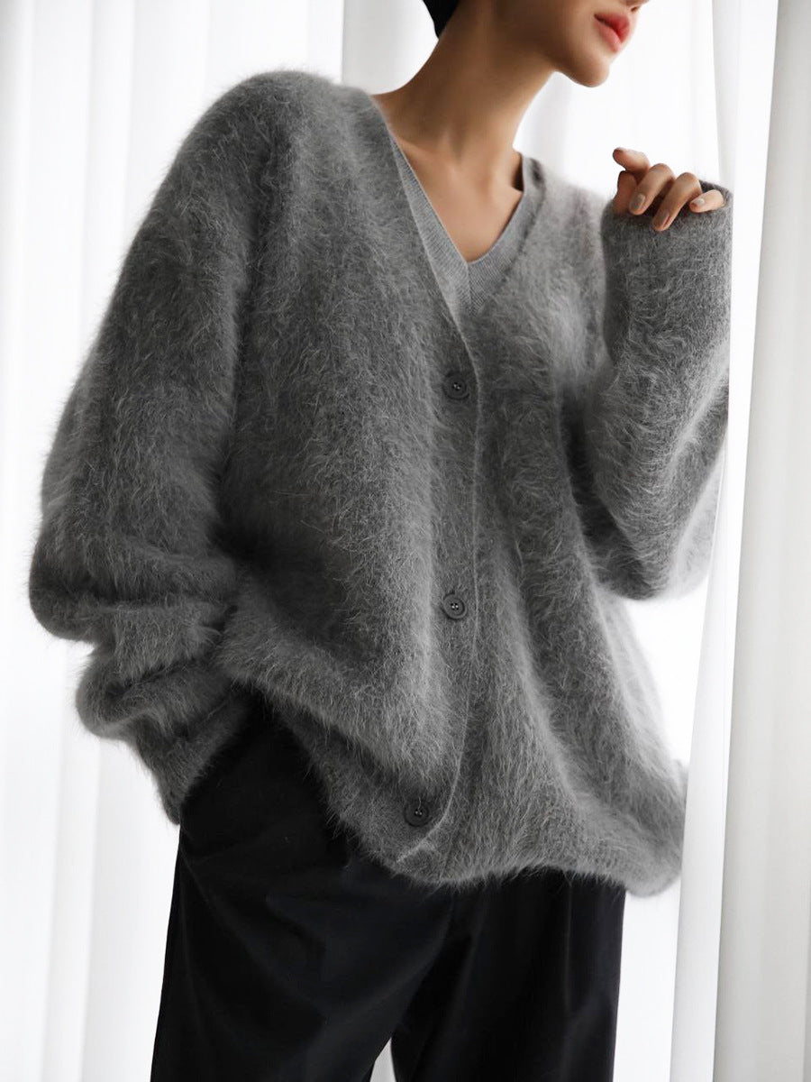 Plush Loose Long Sleeve V-neck Buttoned Cardigan