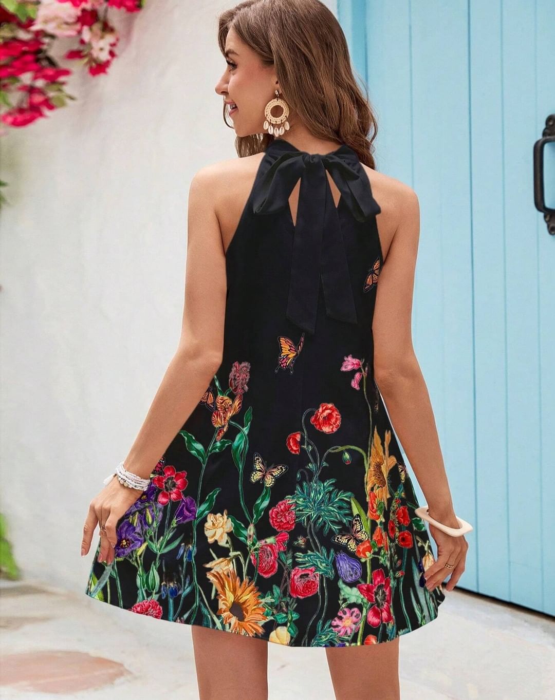 Women's Choker Cutout V-Neck Eagle Printed Short Sleeve Mini T-Shirt Dress