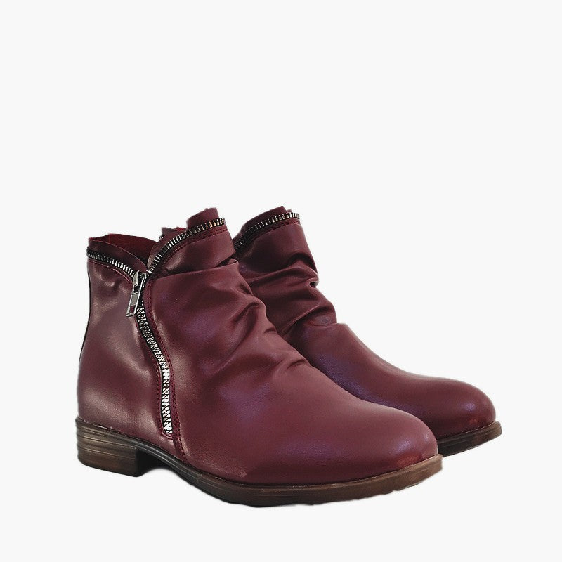 Double side zip pleated leather ankle boots