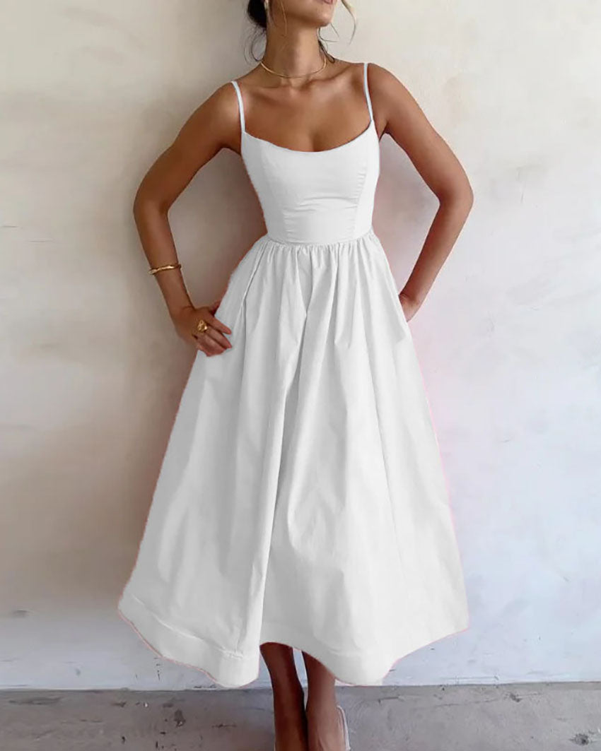 Solid color U-neck waist pleated Sling Dress