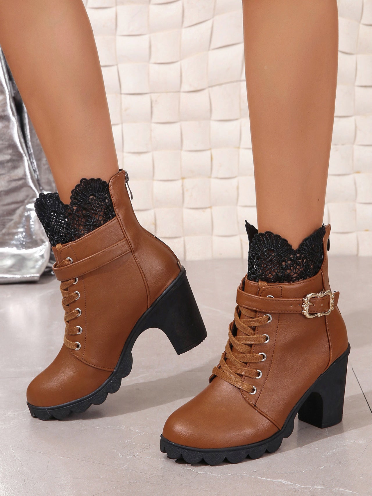Thick heel lace lace up short boots