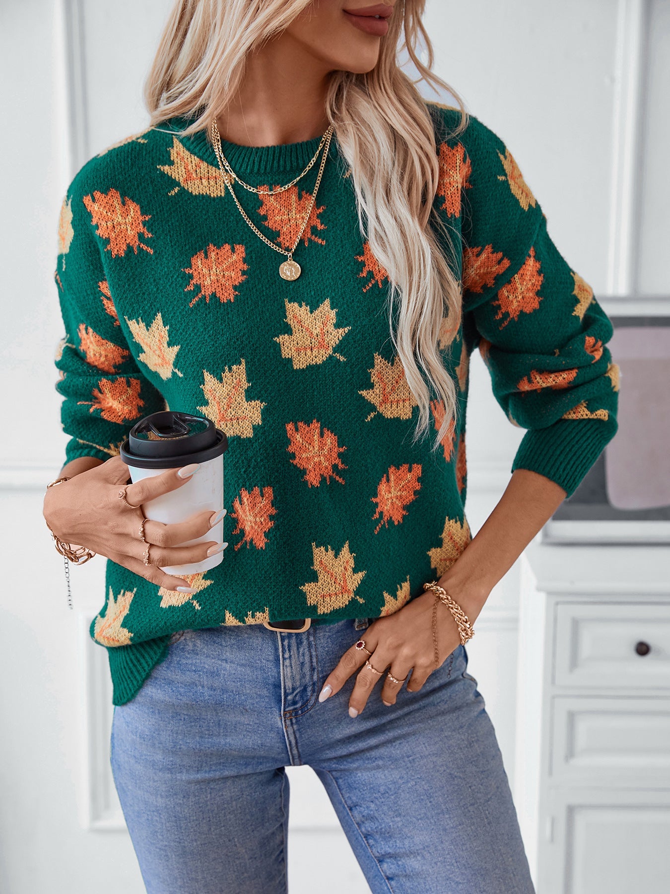 Maple Leaf Jacquard Casual Pullover Sweater