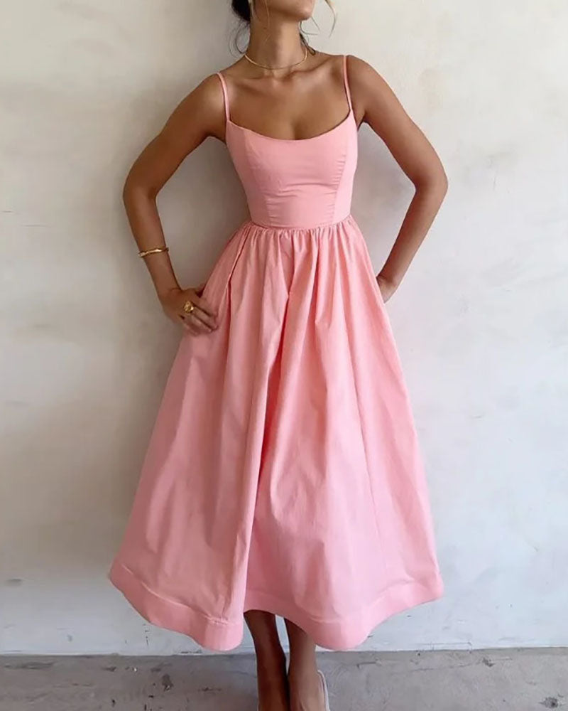 Solid color U-neck waist pleated Sling Dress