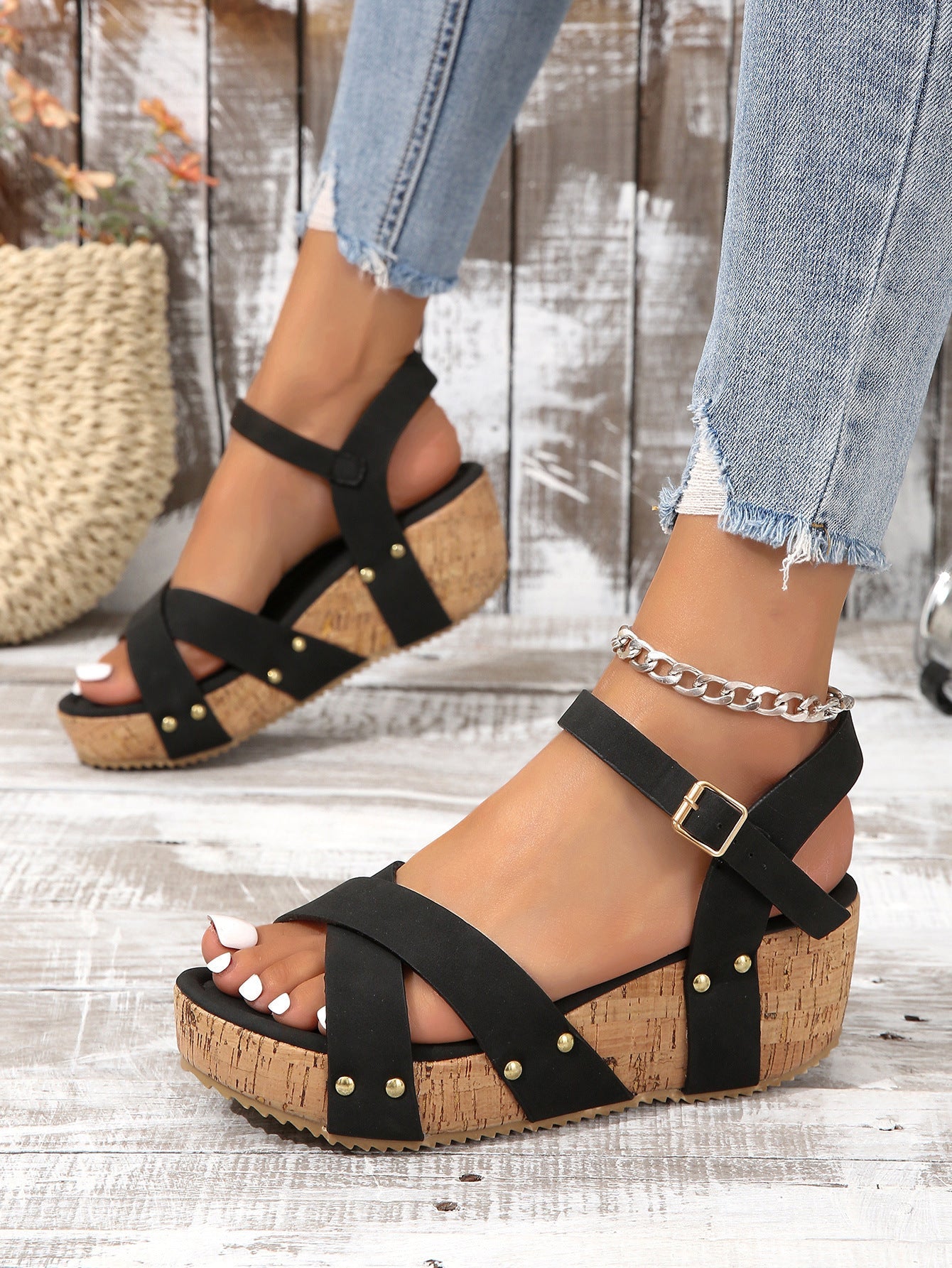 Thick wedge strappy studded sandals