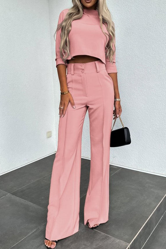 Mid-Sleeve Pullover Wide-Leg Pants Business Casual Outfits Set