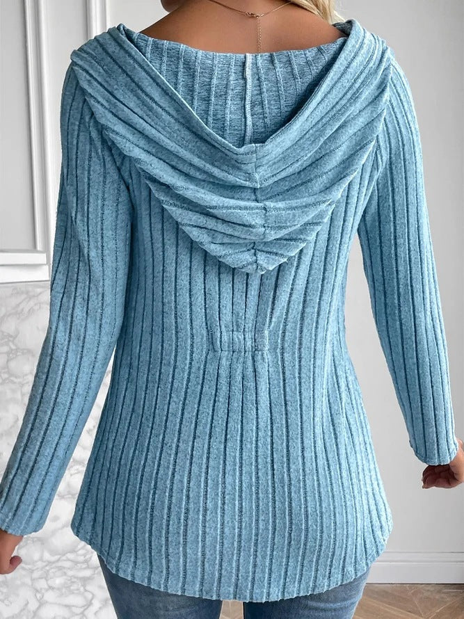 Solid color button hooded knit sweatshirt