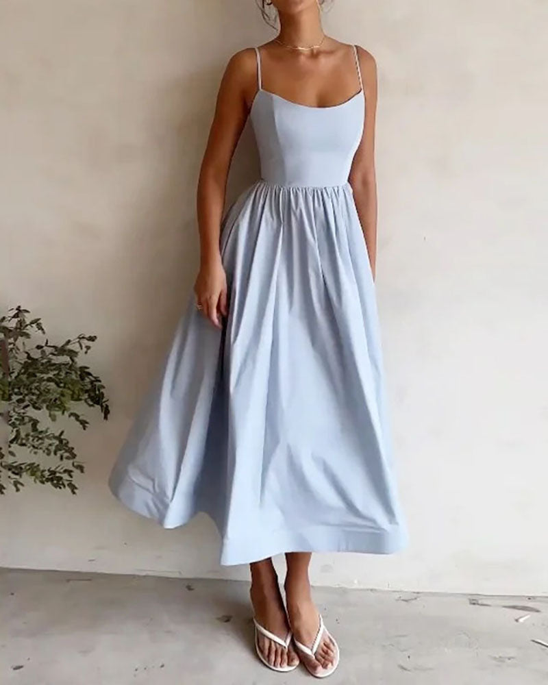 Solid color U-neck waist pleated Sling Dress