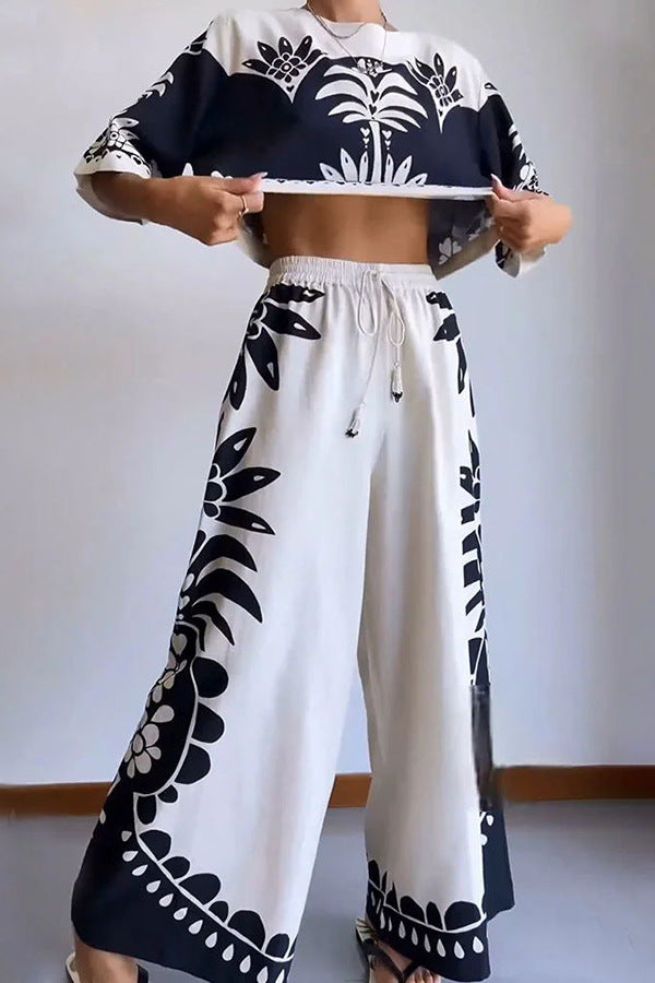 Tropical Island Loose Short Sleeve Top and Wide Leg Pants Set
