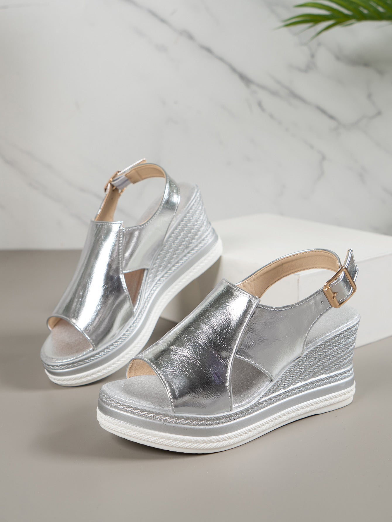 Gold and Silver One-Strap Chunky Platform Sandals