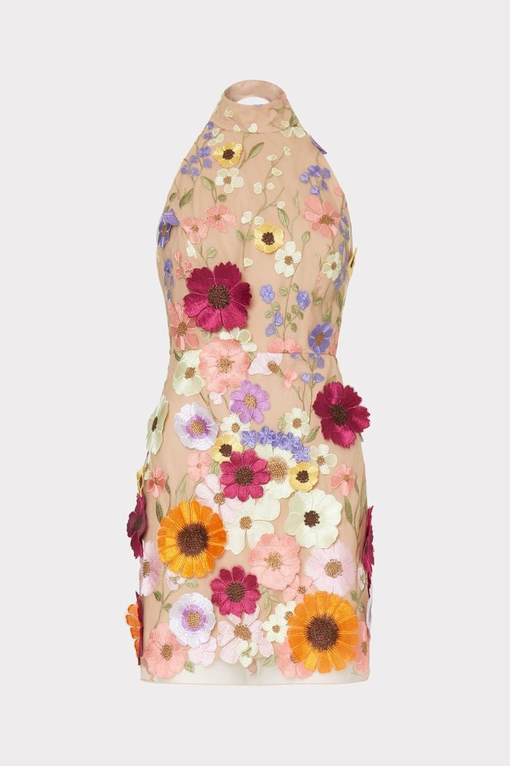Three-dimensional embroidered halterneck backless mini dress