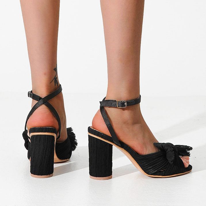 Flannel Lace Chunky Heel Bow Tie Sandals