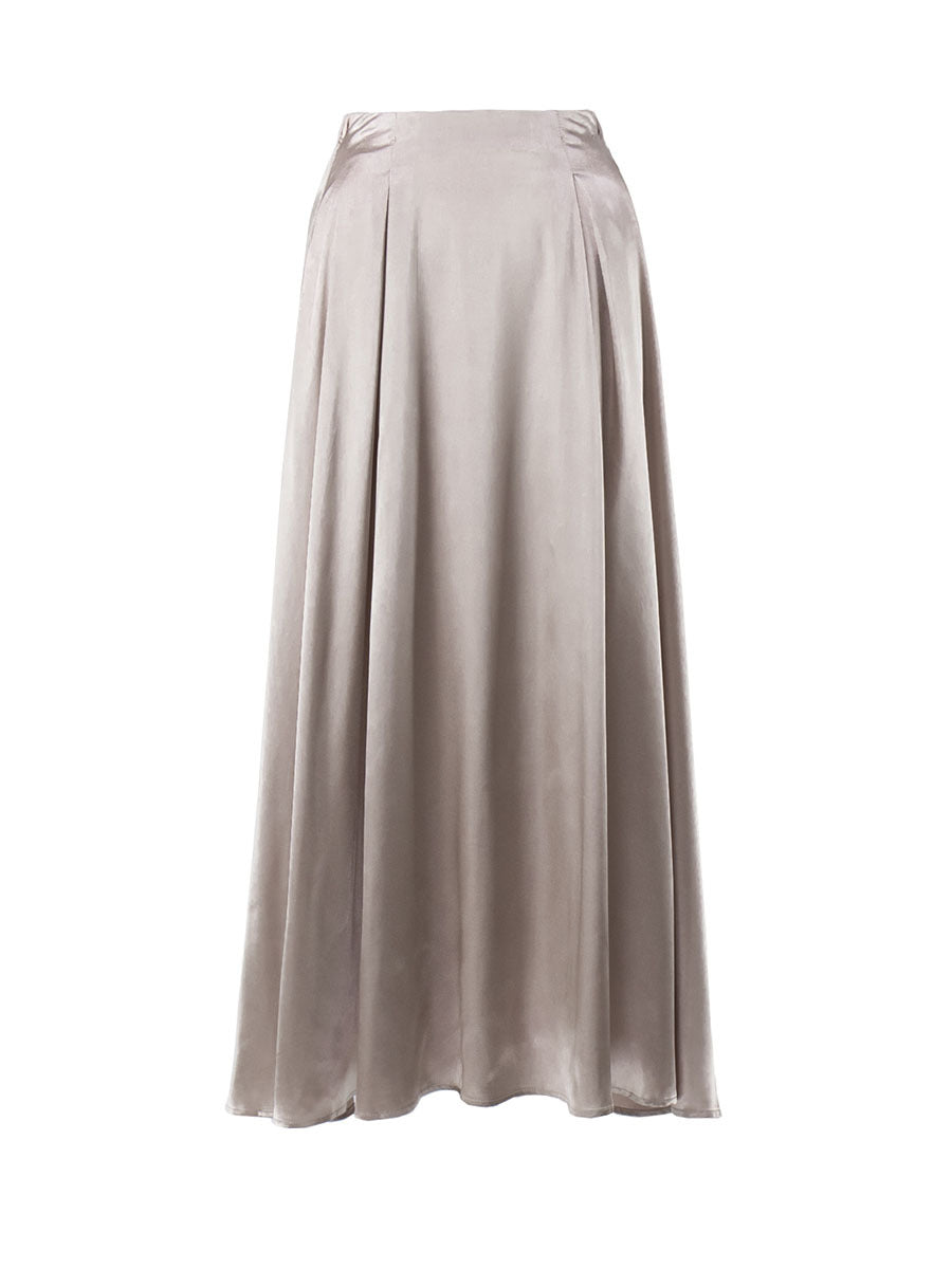 Solid Color High-Waisted Satin Midi Skirt