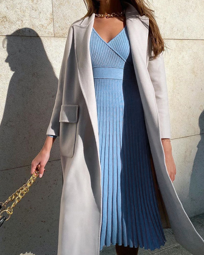 V-neck Wrap Bodice Knee-Length Knit Pleated Dress