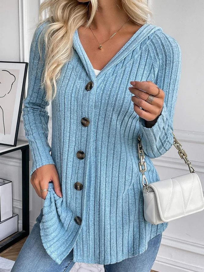 Solid color button hooded knit sweatshirt