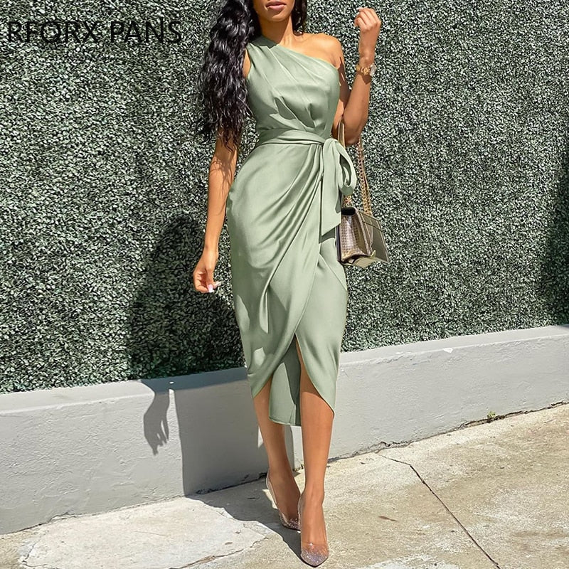 Vintage Asymmetrical One Shoulder Sleeveless Bodycon Women Dress