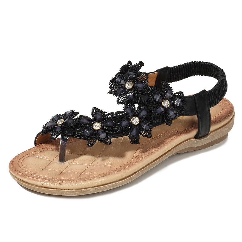 Vintage Beautiful Flower T-Strap Flat Sandal