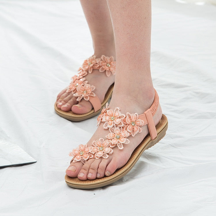 Vintage Beautiful Flower T-Strap Flat Sandal