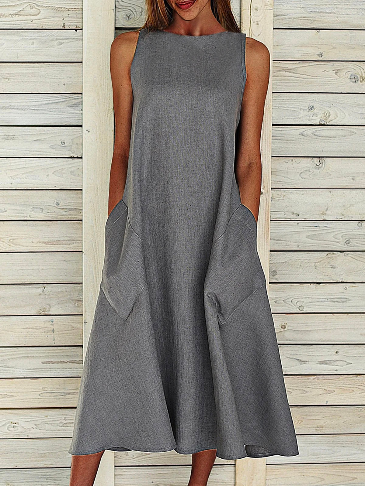 Solid Sleeveless Crew Neck Dresses