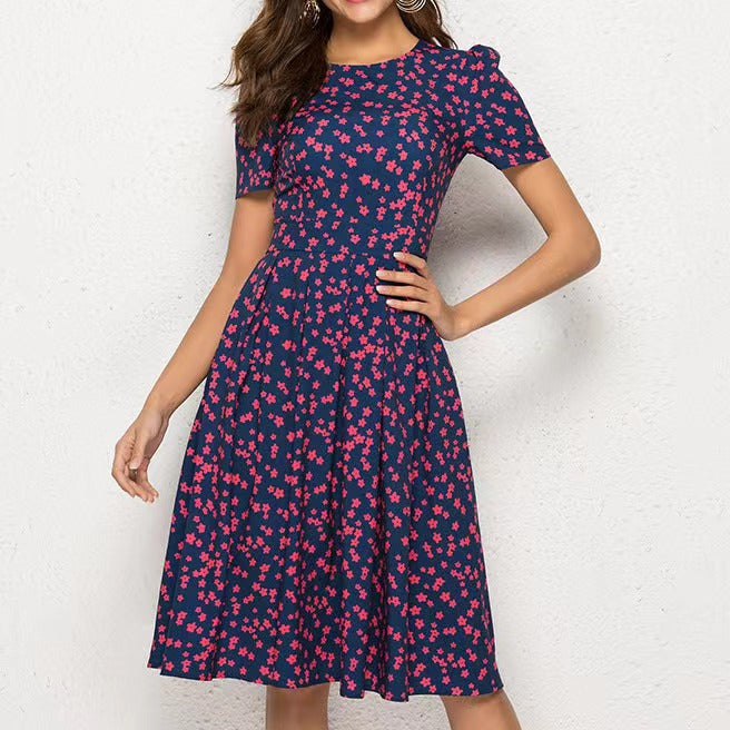 Vintage Floral Round Neck Short Sleeve Dress