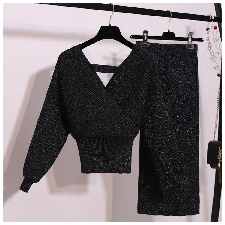 Batwing Sleeve Winter Skirt Sets