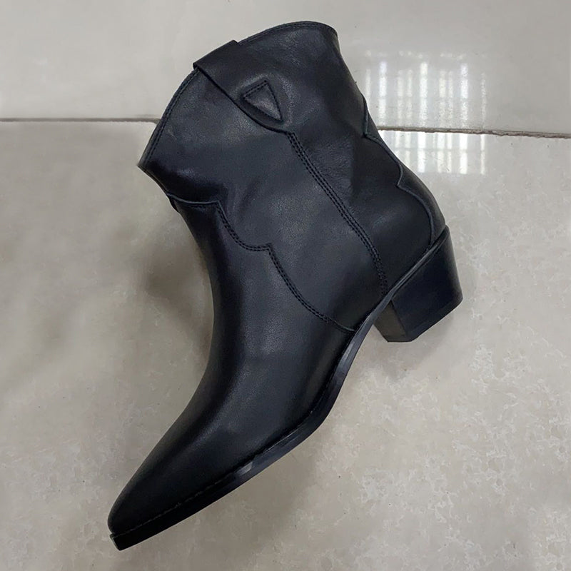 Western R Toe Cowgirl Boots Chelsea Boots Handmade Genuine Leather Ankle Boots in Black/Khaki/Apricot
