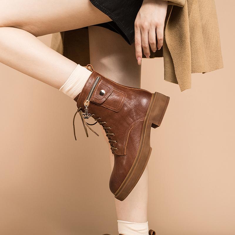 Fashion Full Grain Leather Combat Boots Designer Retro Chunky Riding Boots Side Zip Pocket Decoration Brown/Black