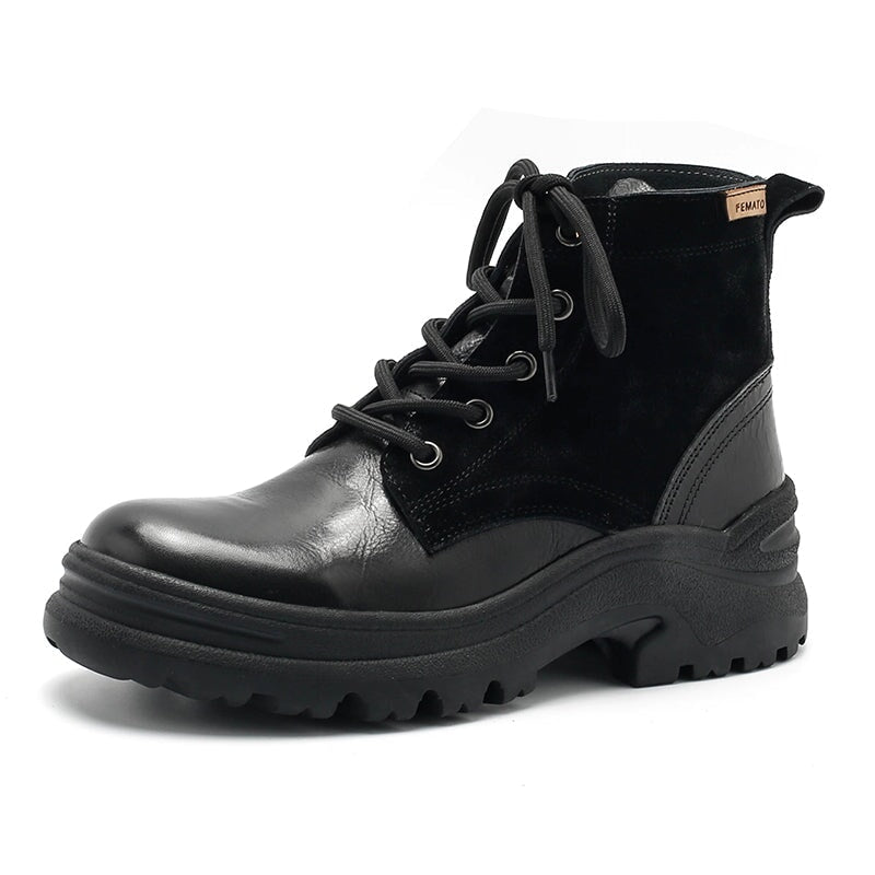 Leather Boots Designer Retro Chunky Riding Boots Handmade in Black/Black Short Plush