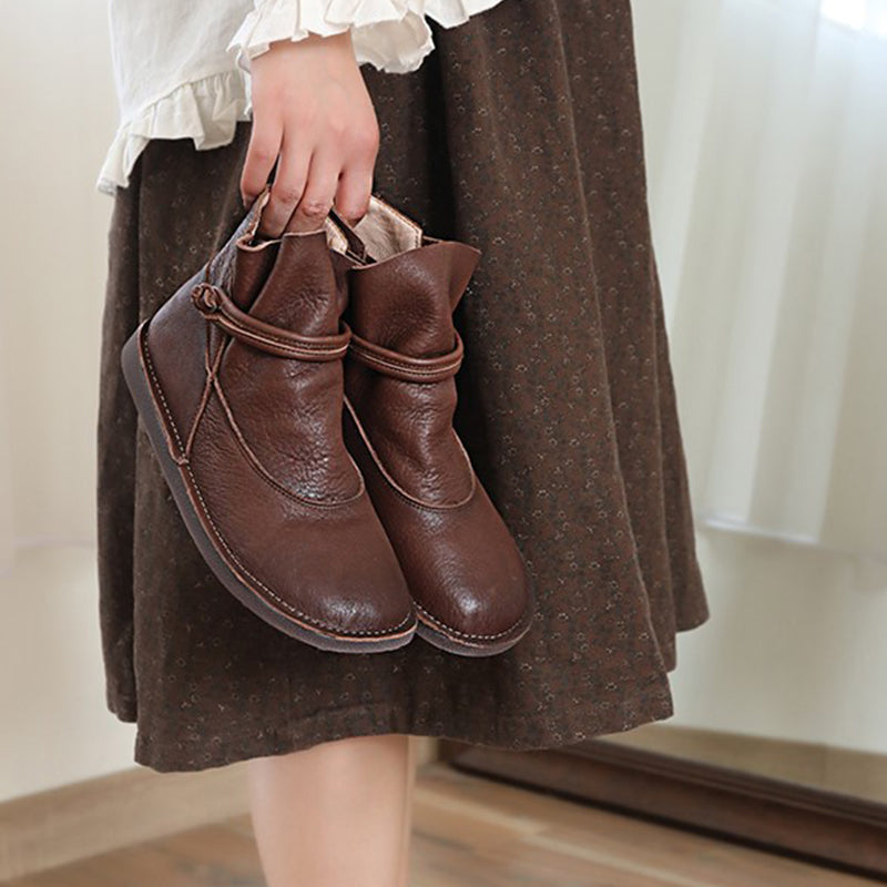 Retro Genuine Leather Soft Flat Boots For Women Round Toe Mori Girl Style Brown/Coffee