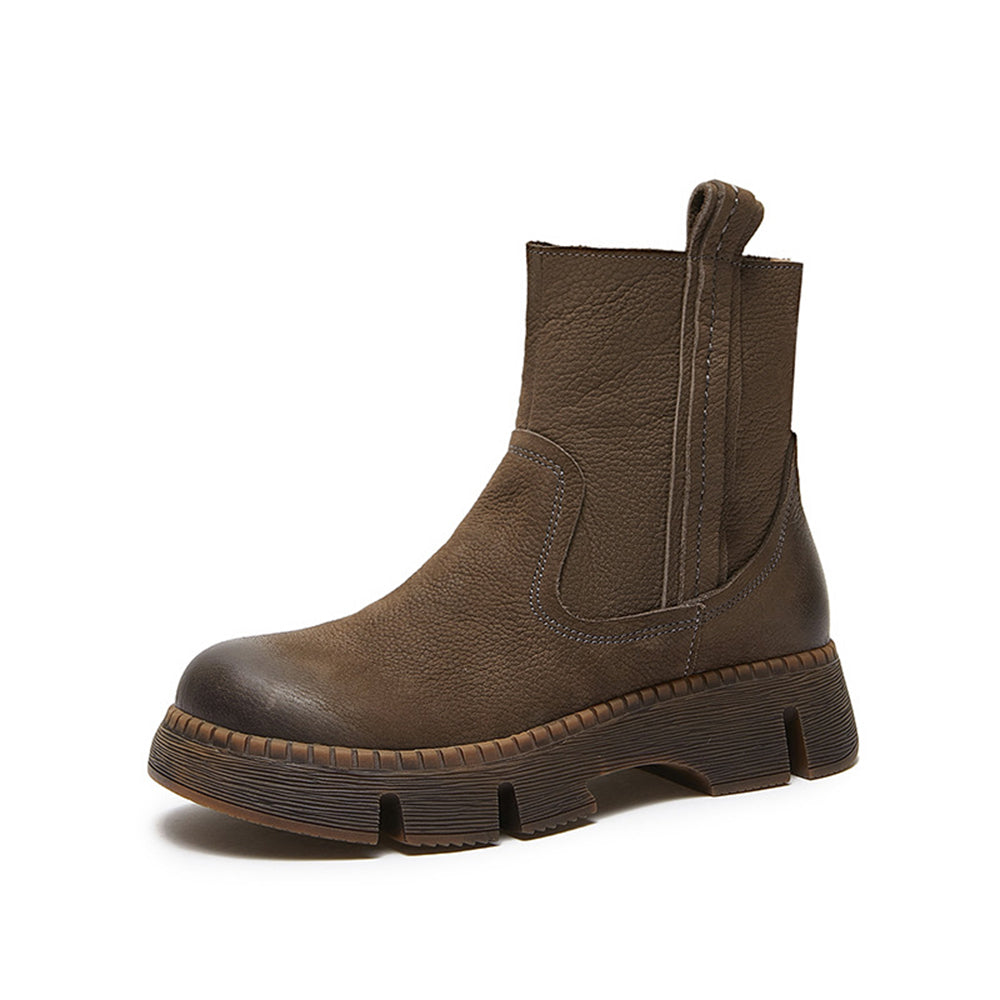 Women's Handmade Chunky Ankle Booties Side Zip in Coffee/Grey