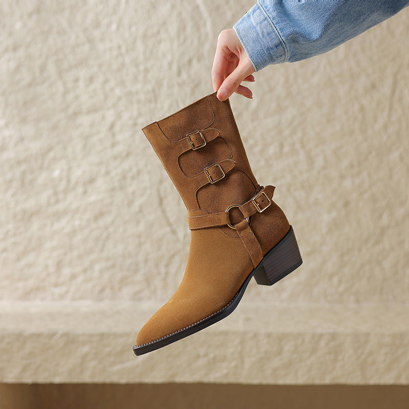 Womens Suede Leather Mid Calf Boots 45mm Block Heel with Buckle Details In Black/Brown