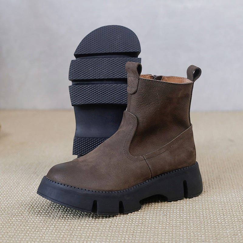 Retro Cowhide Chunky Boots Women Comfy Zip Walking Boots Gray/Apricot