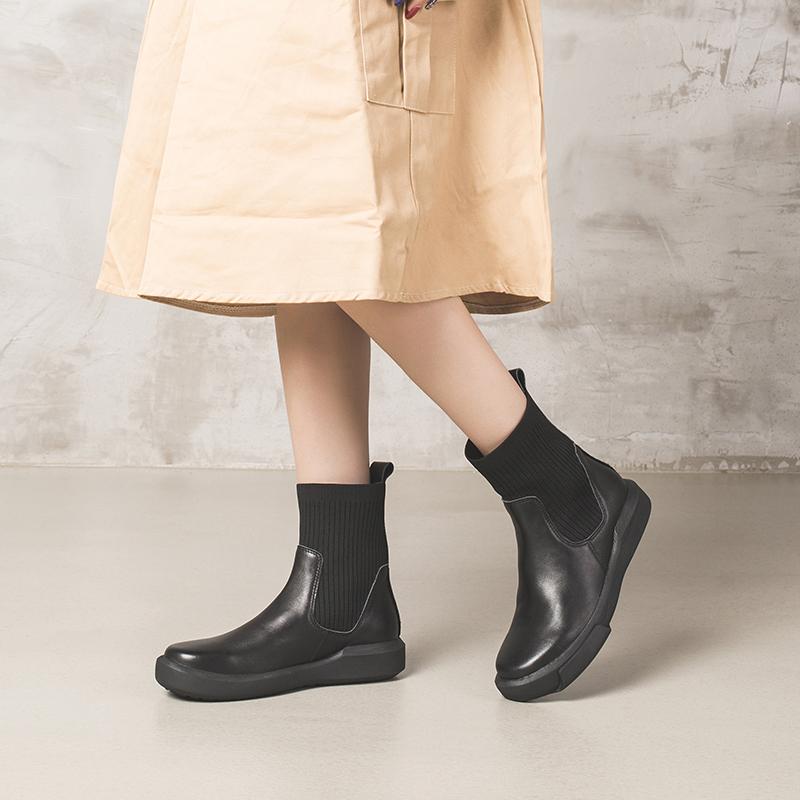 Waxing Leather Chelsea Boots Handmade British Sock Boots Black/Black Short Plush