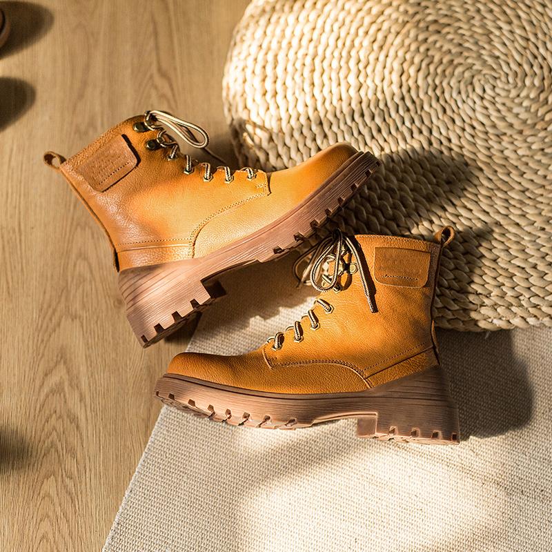 Retro Leather Boots Designer Retro Chunky Riding Boots Short Plush Handmade Yellow/Black