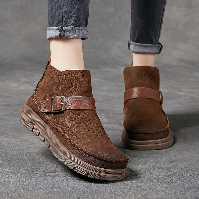 Mori Style Ankle Booties For Women Brush-Off Leather Buckle Boots in Coffee/Khaki