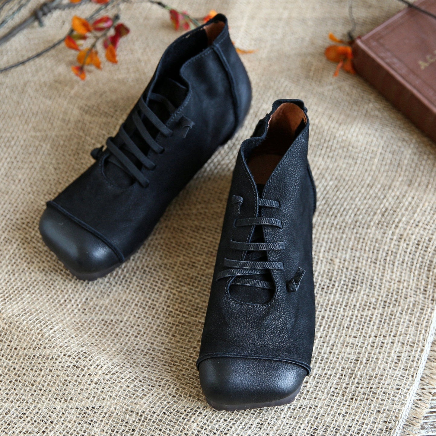 Women Ankle Booties Handmade Leather Low-Heel Square Toe Flat Riding Boots Brown/Black