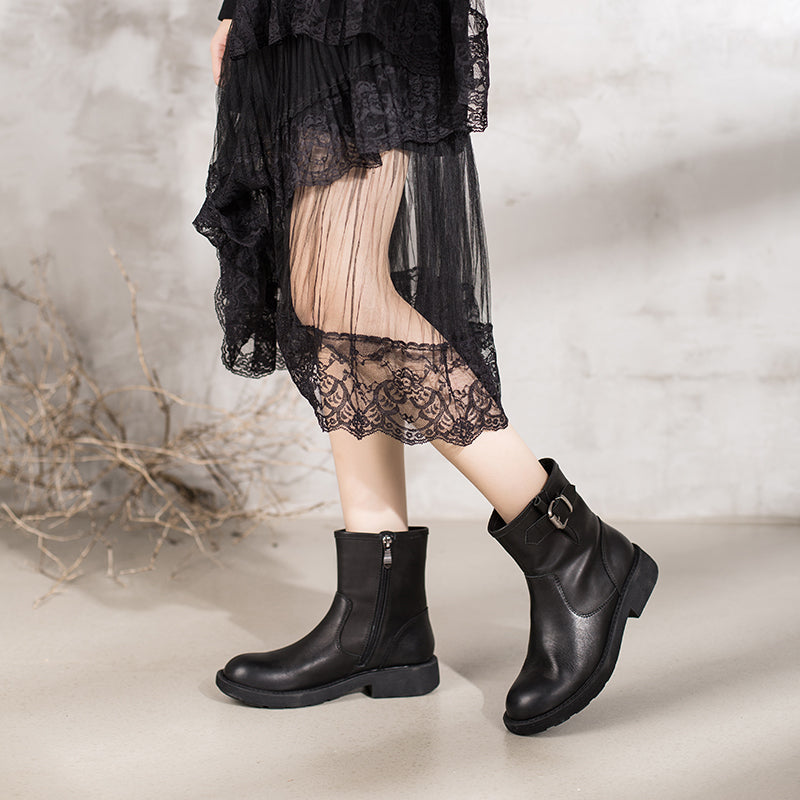 Handmade Leather Short Boots Chunky Buckle Boots in Black